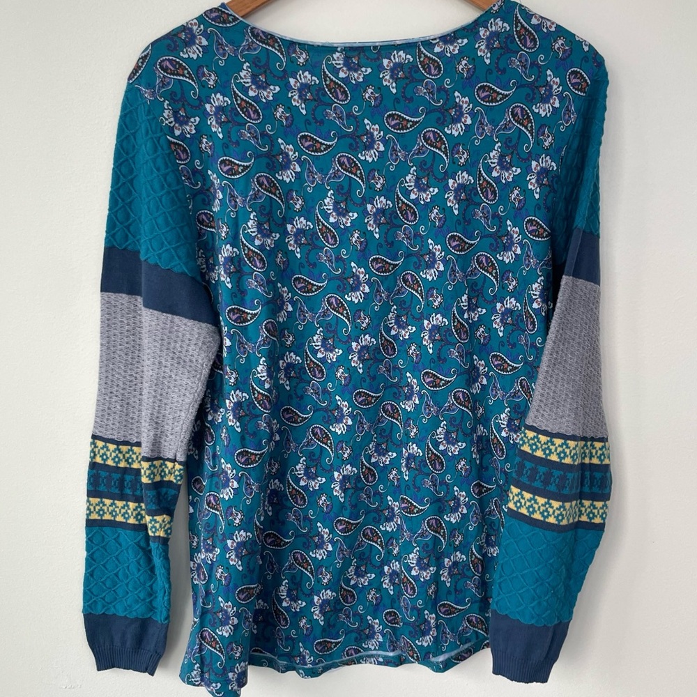 Sundance Paisley Print Sharrar Top Blue Grey L Large Floral Mixed Stitch Sleeve - Picture 6 of 9